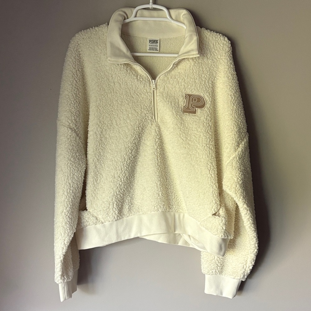 VS PINK Women’s Cream Neutral Teddy Half Zip Pullover
